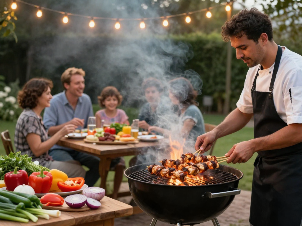 Delicious grilled chicken skewers from https://sambalrawitankoko.com in a cozy outdoor barbecue setting.