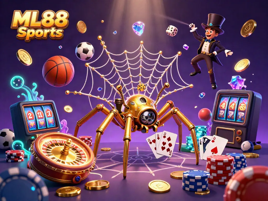 Experience thrilling bets at ML88 Sports with a steampunk spider, golden coins, and vibrant sports balls.