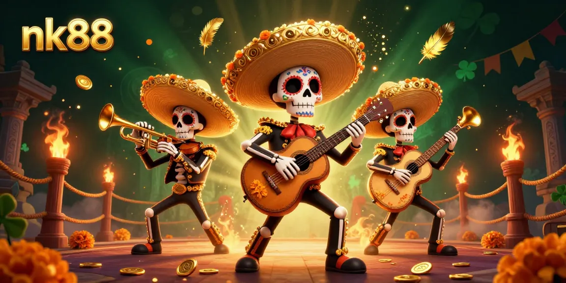 Experience thrills with nk88's vibrant casino illustration featuring a mariachi band and dynamic game elements.