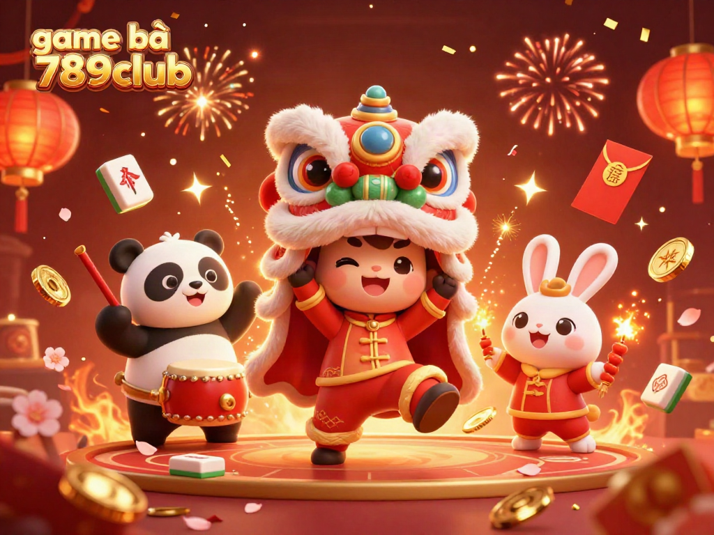 Engage in thrilling game bài 789club in a festive scene filled with traditional characters and vibrant casino elements.