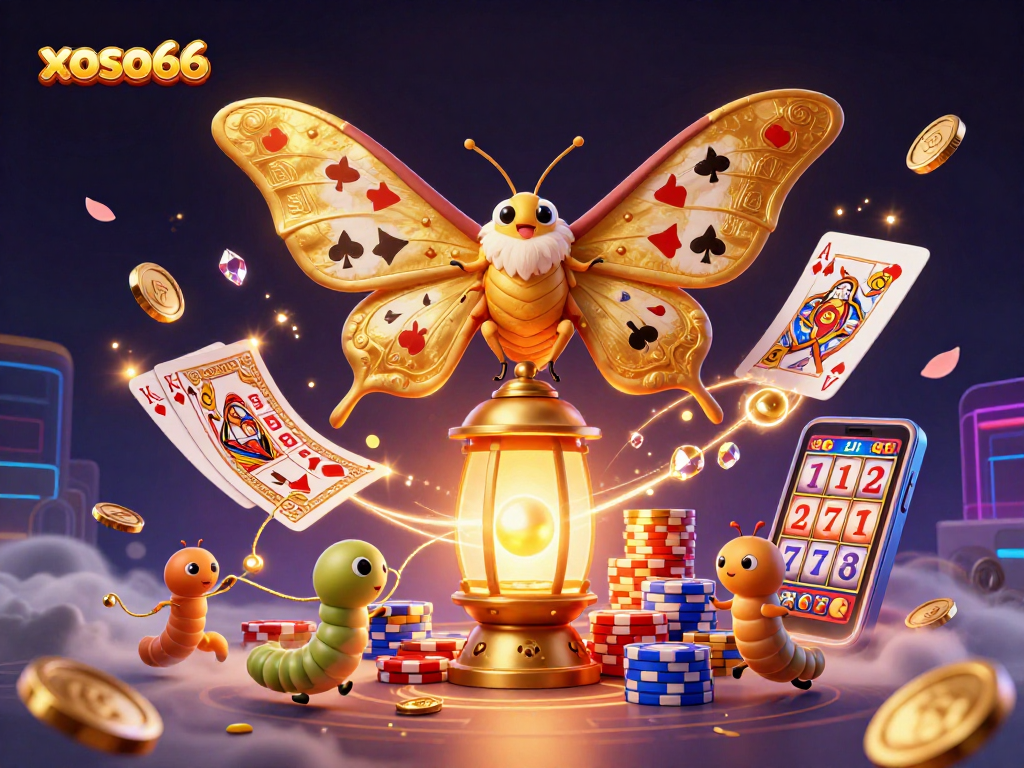 xoso66 offers an exciting lottery experience featuring a glowing atlas moth, golden coins, and vibrant chip stacks.