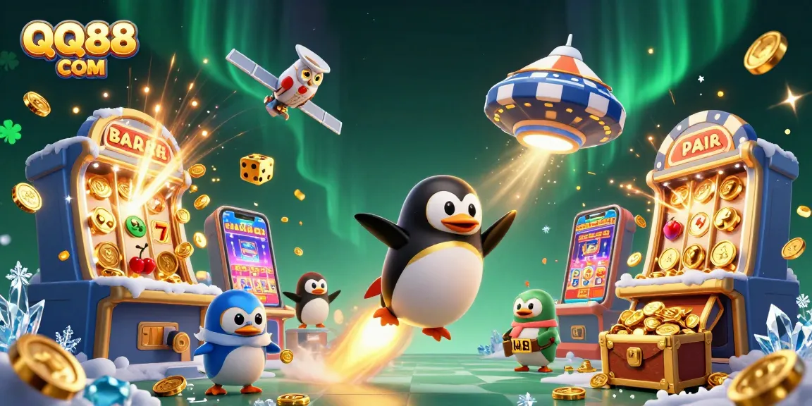 Win big at QQ88 COM with a 3D golden penguin racing towards a jackpot-filled casino!