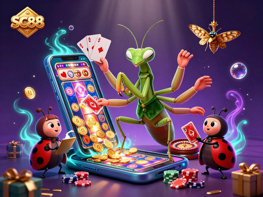 Experience chance and strategy with SC88 in this vibrant casino illustration featuring diverse game elements and engaging characters.