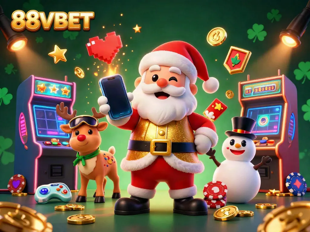88VBET brings excitement with Santa, reindeer, and snowman in a vibrant casino scene.