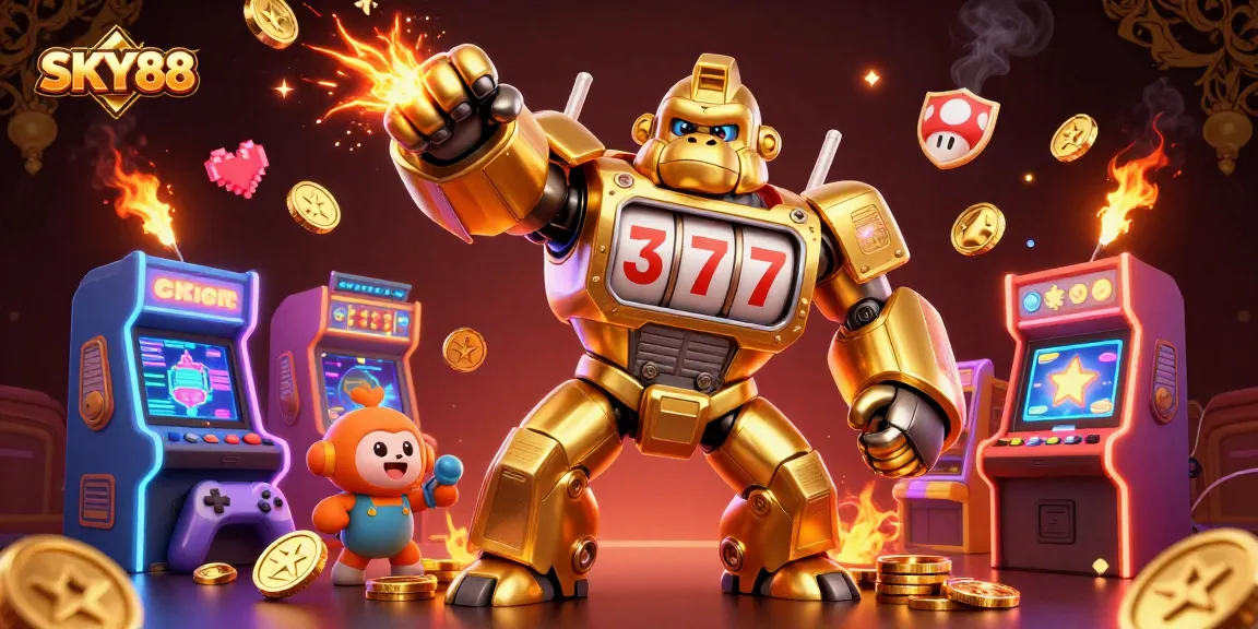 Experience the excitement of SKY88 with a dynamic casino-themed illustration featuring a golden gorilla mech.