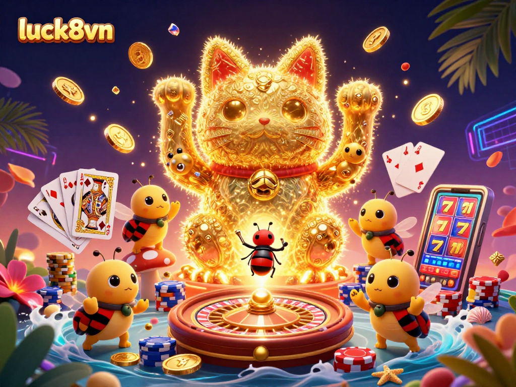 Engage in thrilling gaming experiences with luck8vn as golden fireflies and casino elements illuminate the scene.