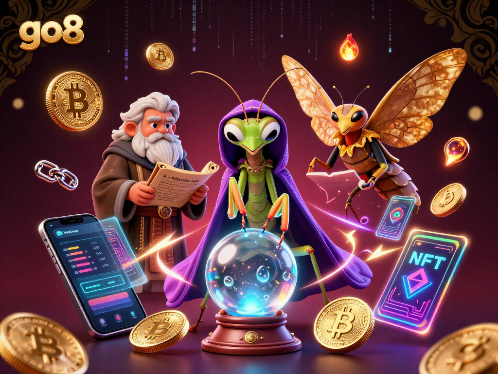 Engage with go8's vibrant casino world featuring animated fortune tellers and crypto elements.