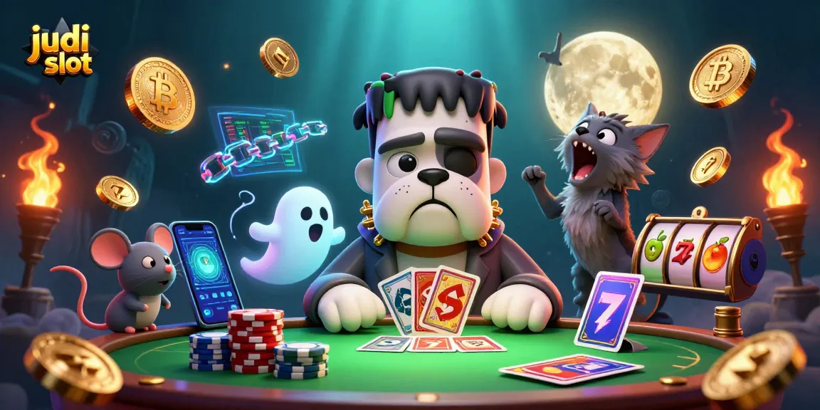 Engage in judi slot fun with a vibrant 3D illustration featuring unique characters and casino elements.