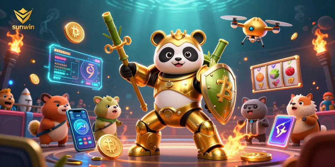 Engage with sunwin's vibrant casino action featuring golden panda in a dynamic mech-suit battle.