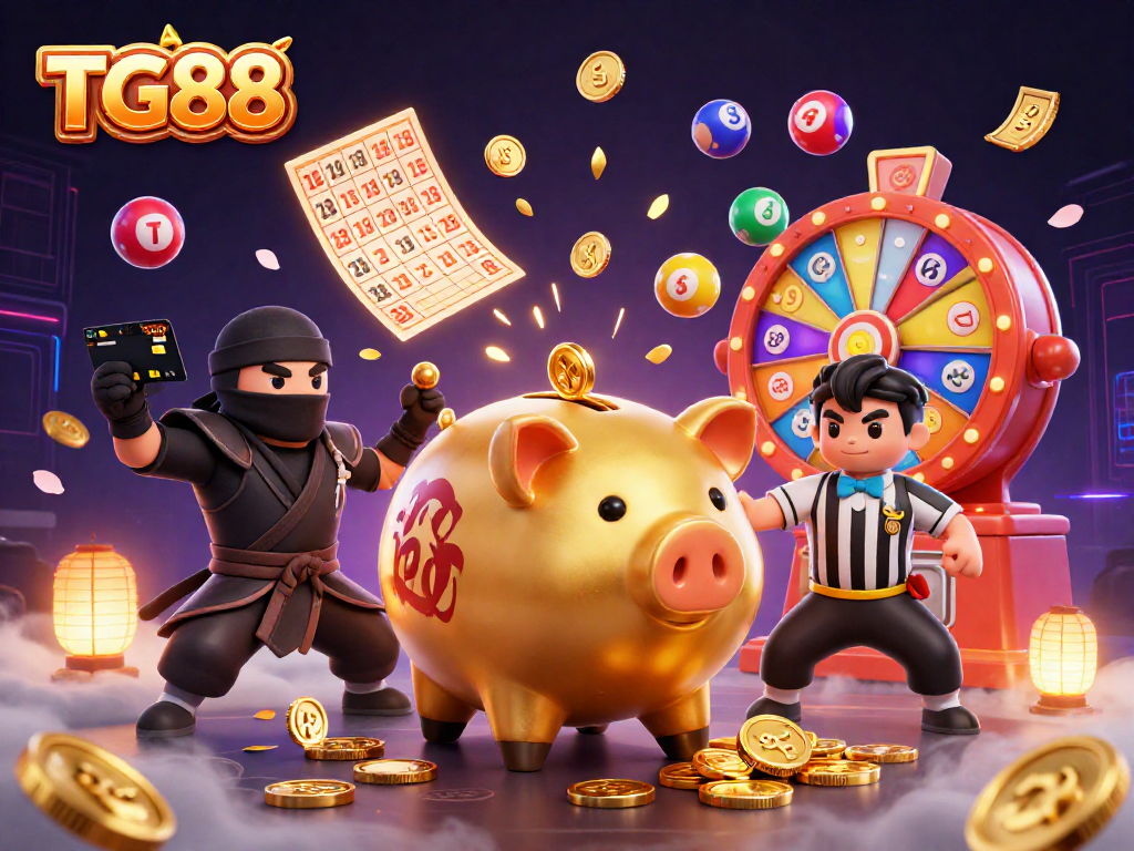 TG88 offers thrilling casino gaming, featuring a vibrant scene with golden piggy banks and lottery elements.