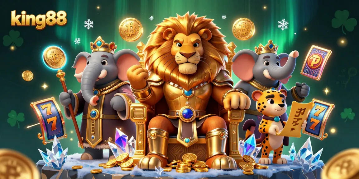 Engage with king88's thrilling casino options featuring a lion king, wise elephant, and cheetah amid colorful gaming elements.