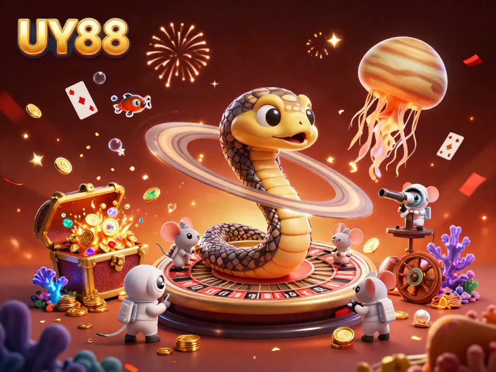 Experience the excitement of UY88 as mice bet on a cosmic roulette wheel surrounded by vibrant casino elements.