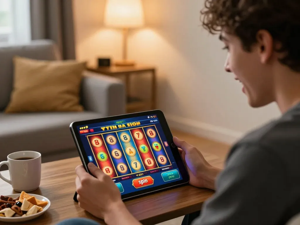 Player enjoying tg88 slots on tablet in a cozy home setting, vibrant graphics and engaging action.