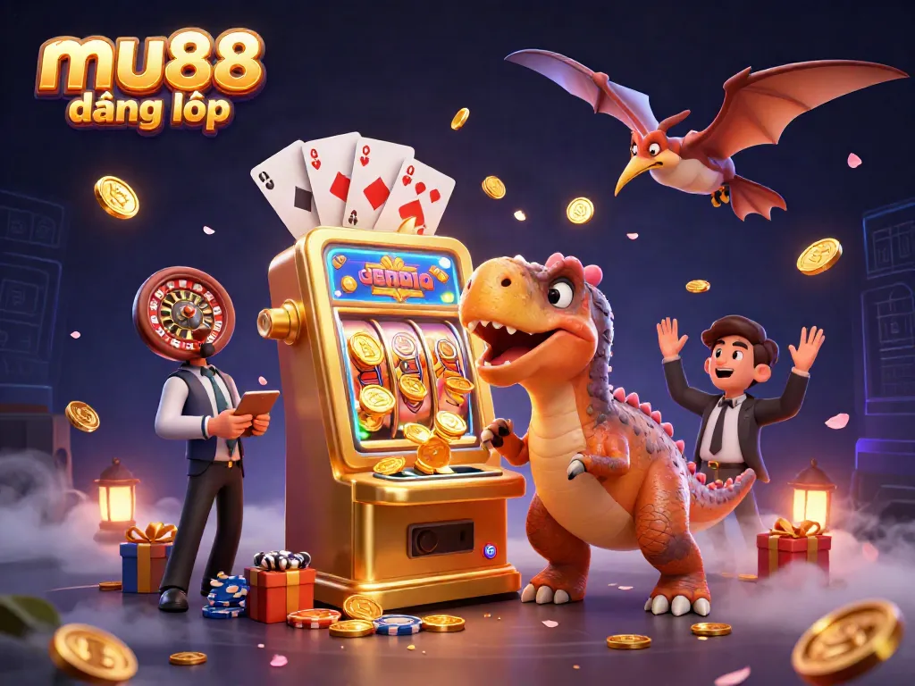 Experience mu88 đăng nhập as a pachycephalosaurus triggers jackpot coins amid a vibrant casino scene.