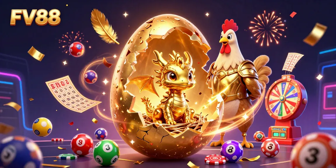 Experience thrilling gaming at FV88 with a baby dragon, golden eggs, and festive lottery elements.