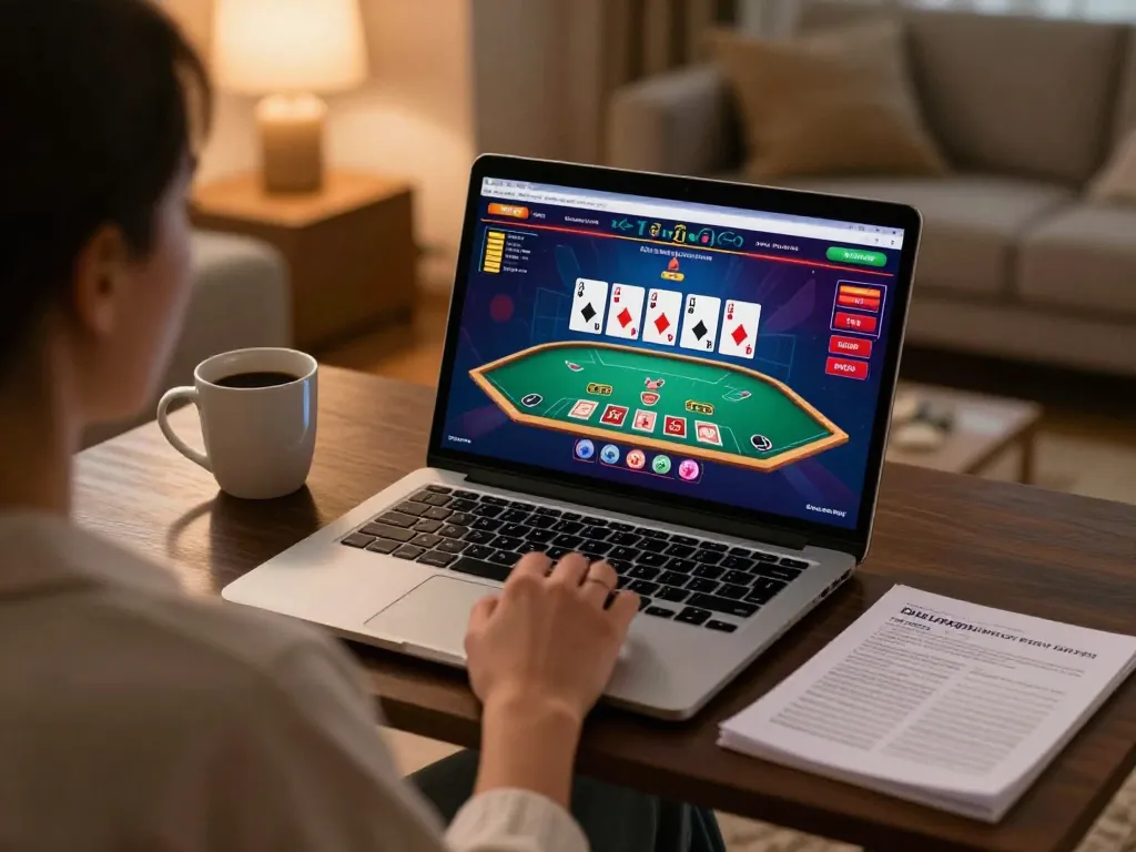 Engaging player viewing hbet chính thức online blackjack on laptop with winning strategies at home