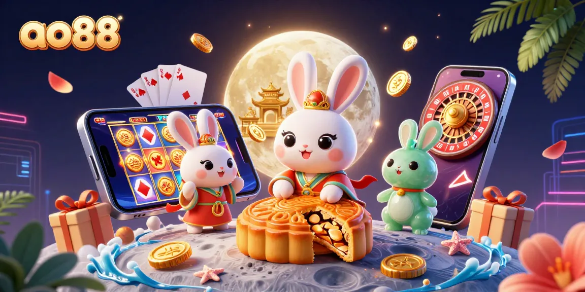 Engage in exciting gameplay at ao88 with poker chips bursting from mooncakes illustrated by vibrant cartoon characters.