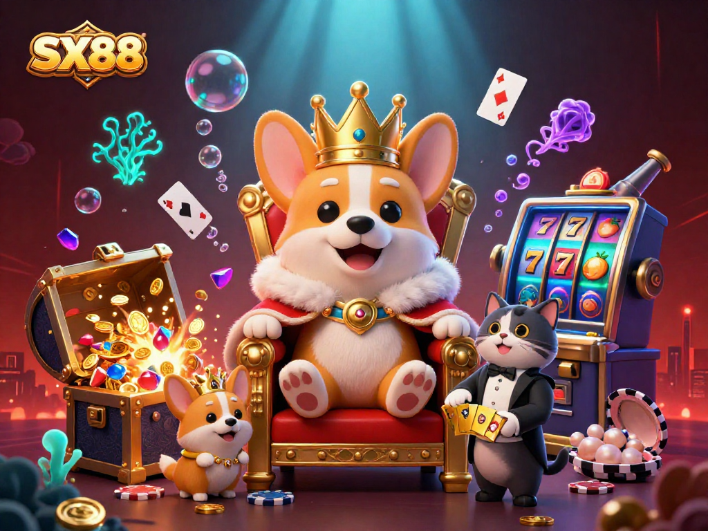 SX88 invites players into a vibrant casino scene featuring royal corgi royalty and immersive gameplay elements.