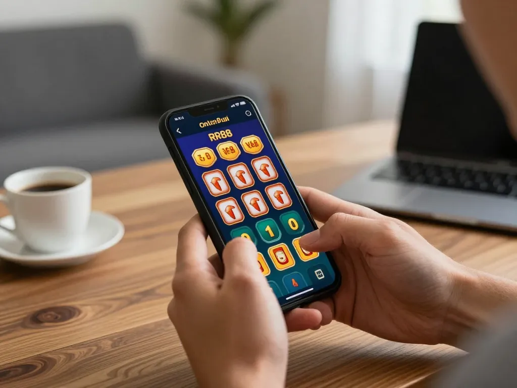 Player using RR88 app for mobile gambling, showcasing excitement and engagement in a comfortable home setting