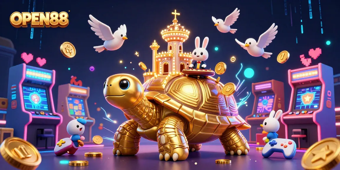 Experience gaming excitement at OPEN88 with a golden tortoise casino, vibrant characters, and arcade elements!