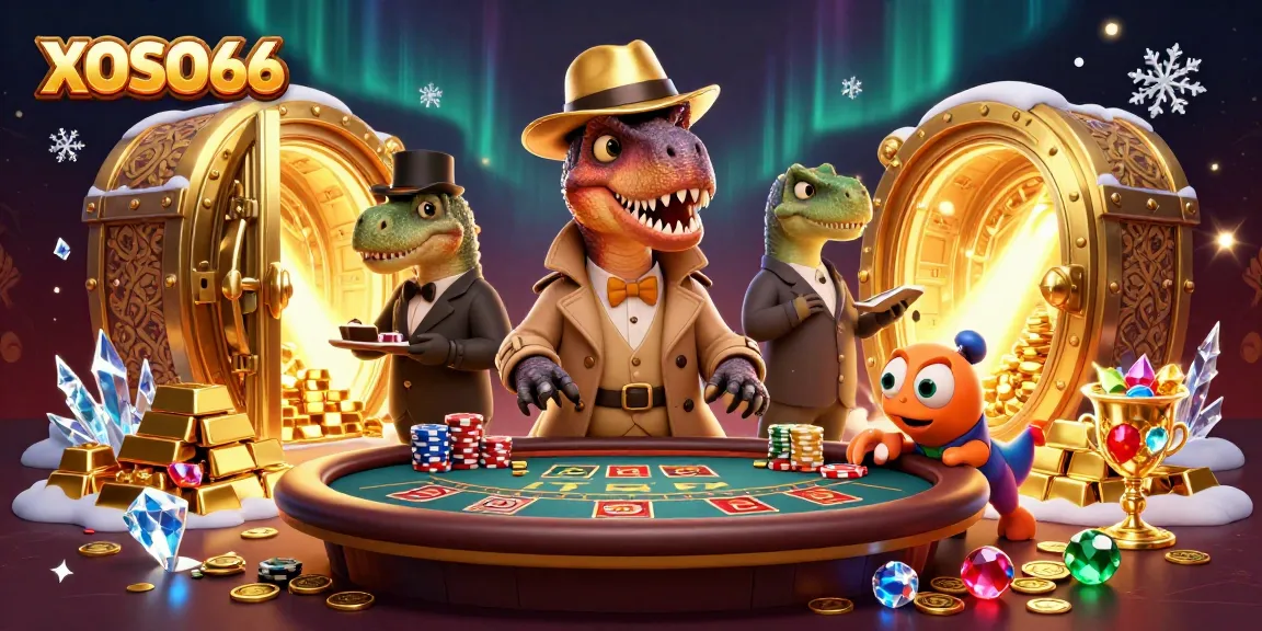 XOSO66 gamifies luck with a velociraptor card counter at a blackjack table surrounded by treasures.