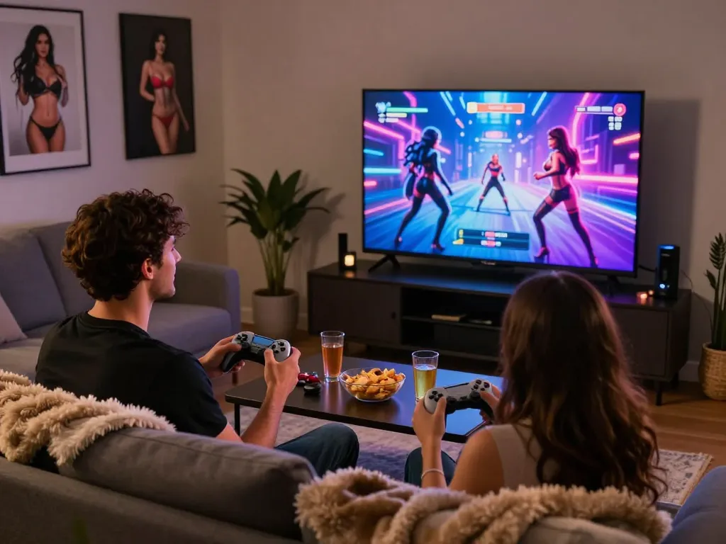 Couple enjoying sex games at home on a large TV screen, creating an inviting and playful atmosphere.