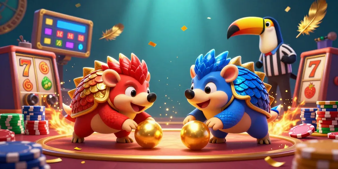 LUCK8 pangolins compete in a lively casino setting, rolling golden balls amid poker chips.