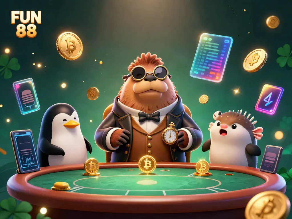 Play poker with FUN 88 characters at an underwater casino table featuring a walrus, penguin, and pufferfish.
