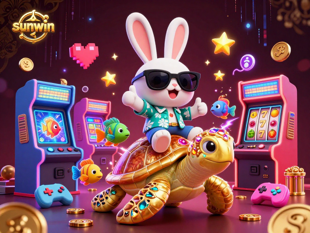 Experience the thrill of sunwin as the lucky rabbit rides a gem-encrusted turtle among vibrant casino elements.