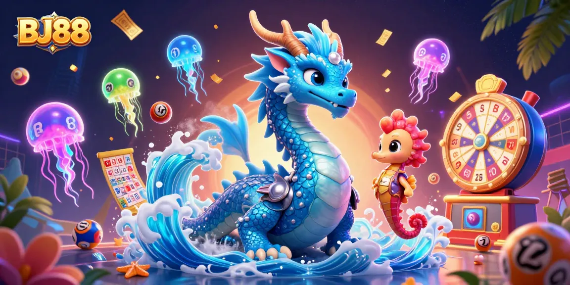 Engage with thrilling games at BJ88, featuring a vibrant underwater scene with casino elements illuminating the atmosphere.