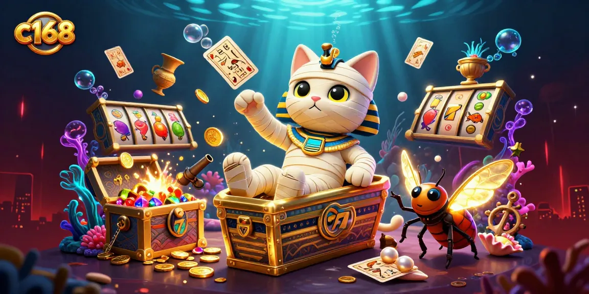 Engage with c168's thrilling pyramid casino adventure featuring a mummy cat and slot reels.