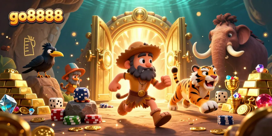 Engage at the go8888 prehistoric casino featuring a caveman and sabertooth tiger in a vibrant scene