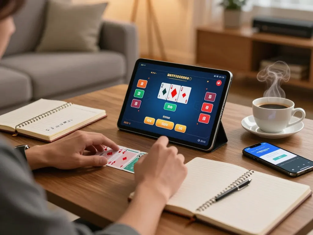 Engaging online poker session on 789betss app with strategic notes and cozy setting.