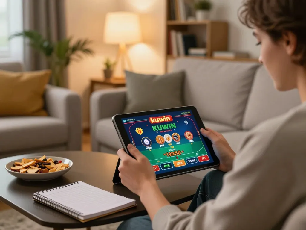 Kuwin user enjoying a live dealer game on a tablet at home, embodying responsible gambling.