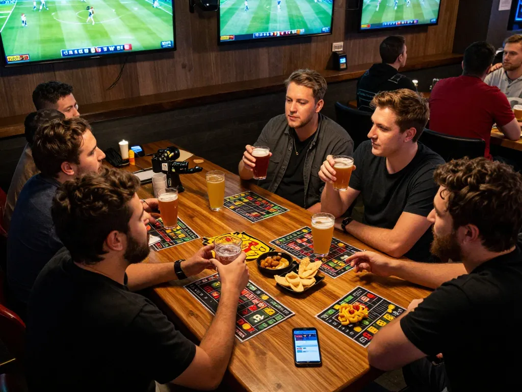 Tỷ lệ kèo nhà cái featured as friends engage in live sports betting excitement at a vibrant sports bar.