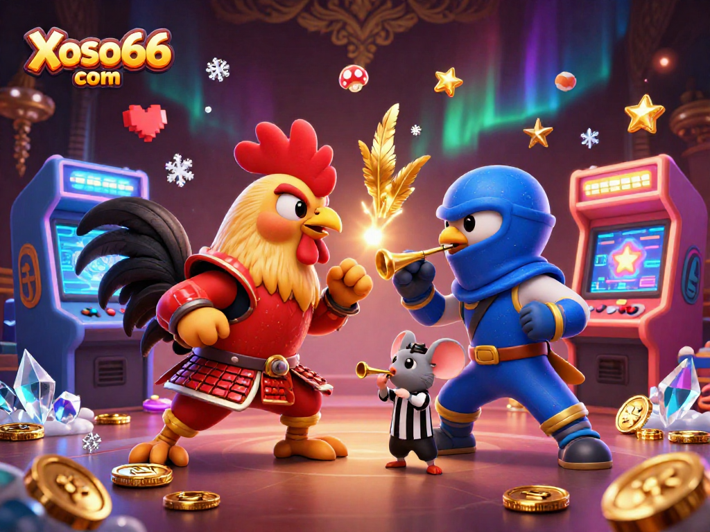 Engage with thrilling gameplay at Xoso66 com amid a fierce duel of cartoon roosters in a colorful casino setting.