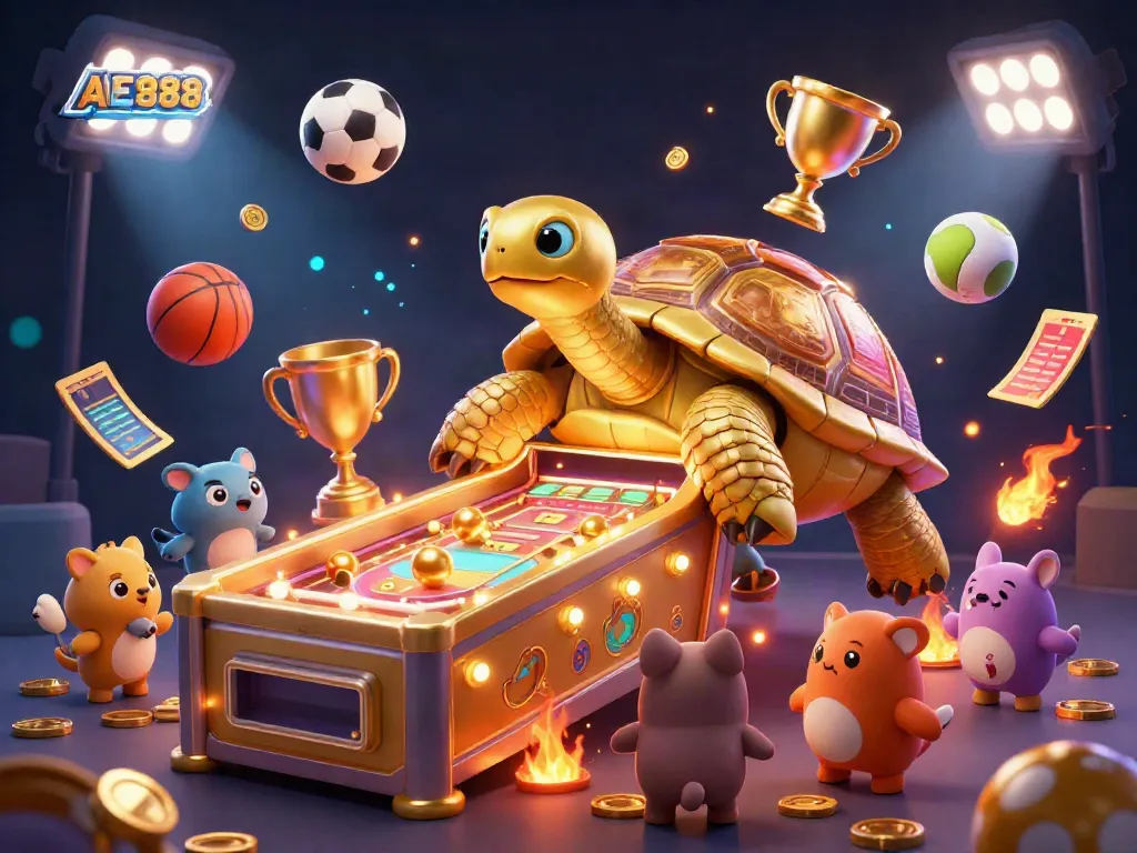Experience the excitement of AE888 in this dynamic illustration featuring a golden tortoise pinball machine amidst a lively sports scene.