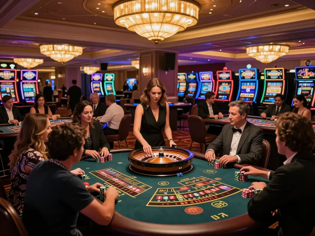 Players engage at roulette tables in a vibrant casino night, showcasing DU88 strategic wins.