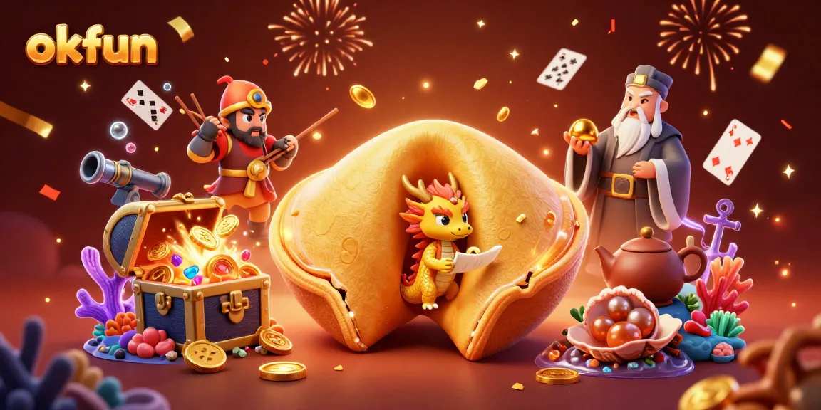 Play exciting casino games and win with okfun, featuring a vibrant casino scene with dynamic characters and treasures.