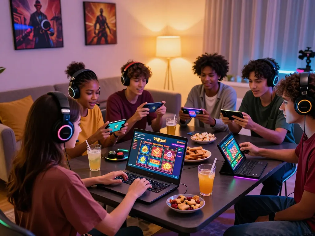 Exciting gaming night with friends using 789club platform on laptop and smartphones