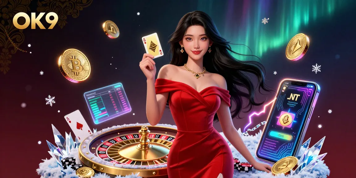 Engage with OK9's vibrant casino experience, featuring a glamorous dealer and dynamic gaming elements.