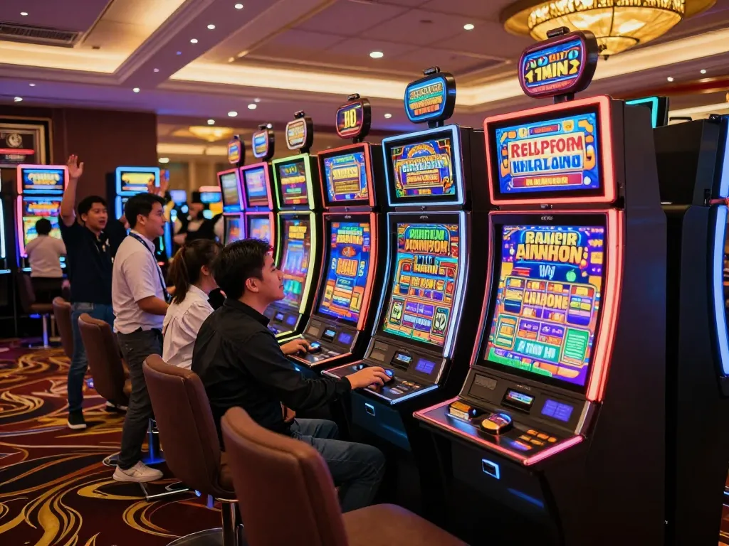 Engaged players spinning Slot Malaysia machines in a vibrant casino atmosphere