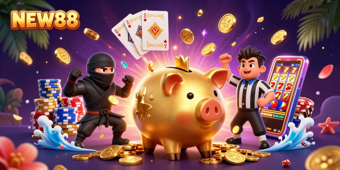Experience the excitement of NEW88 with a dynamic 3D illustration showcasing casino elements and vibrant characters.