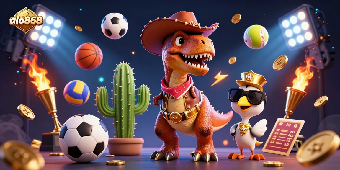 Bet on sports with alo868 featuring a cartoon dinosaur, trophies, and vibrant betting elements.