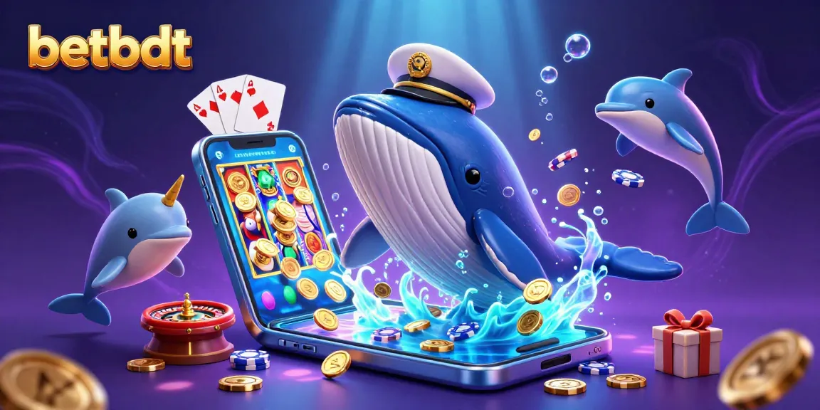 Engage with betbdt's immersive gaming world featuring a 3D whale and playful dolphins amidst coins and casino elements.