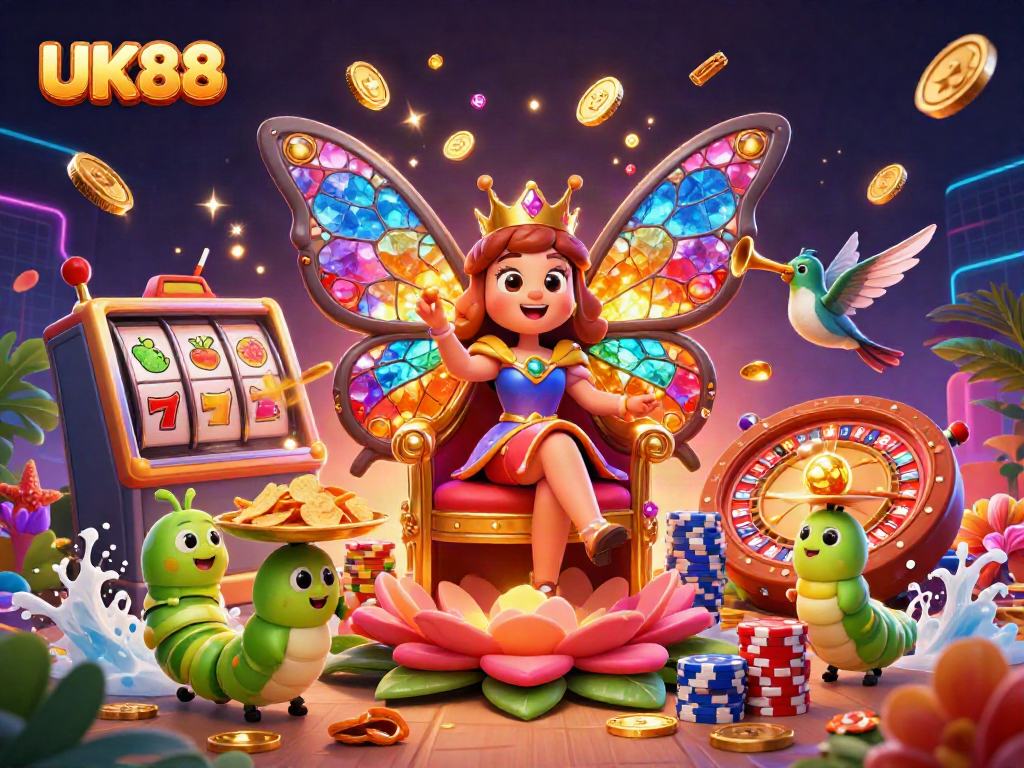 Experience UK88' vibrant casino scene with a butterfly queen, chips, and slot machine reels.