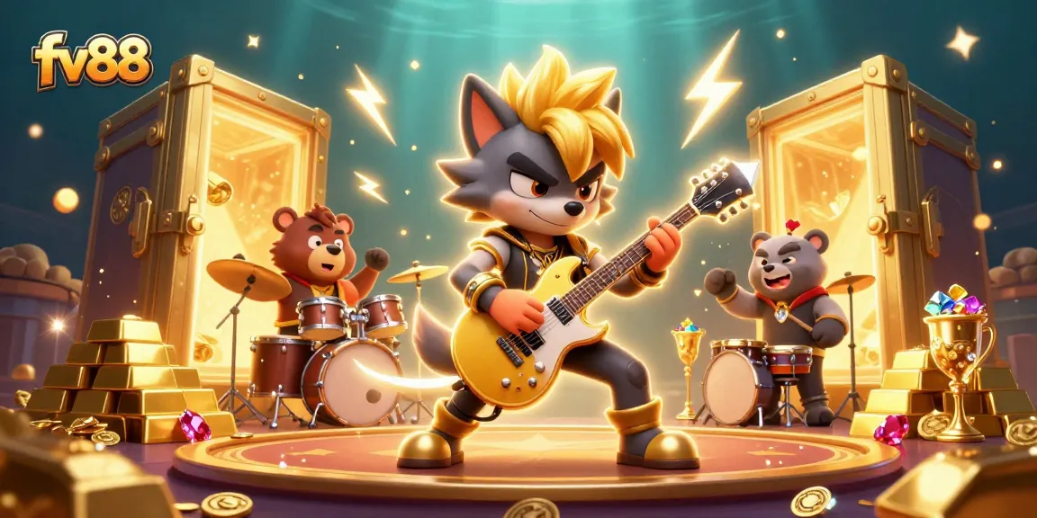 Experience the excitement of fv88 with a rock star wolf and drummer bear on a vibrant casino stage.