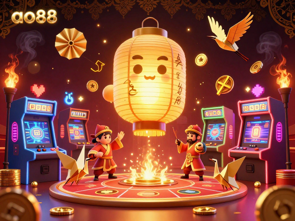 Experience thrilling gameplay at ao88 with colorful casino elements and golden lantern spirits.