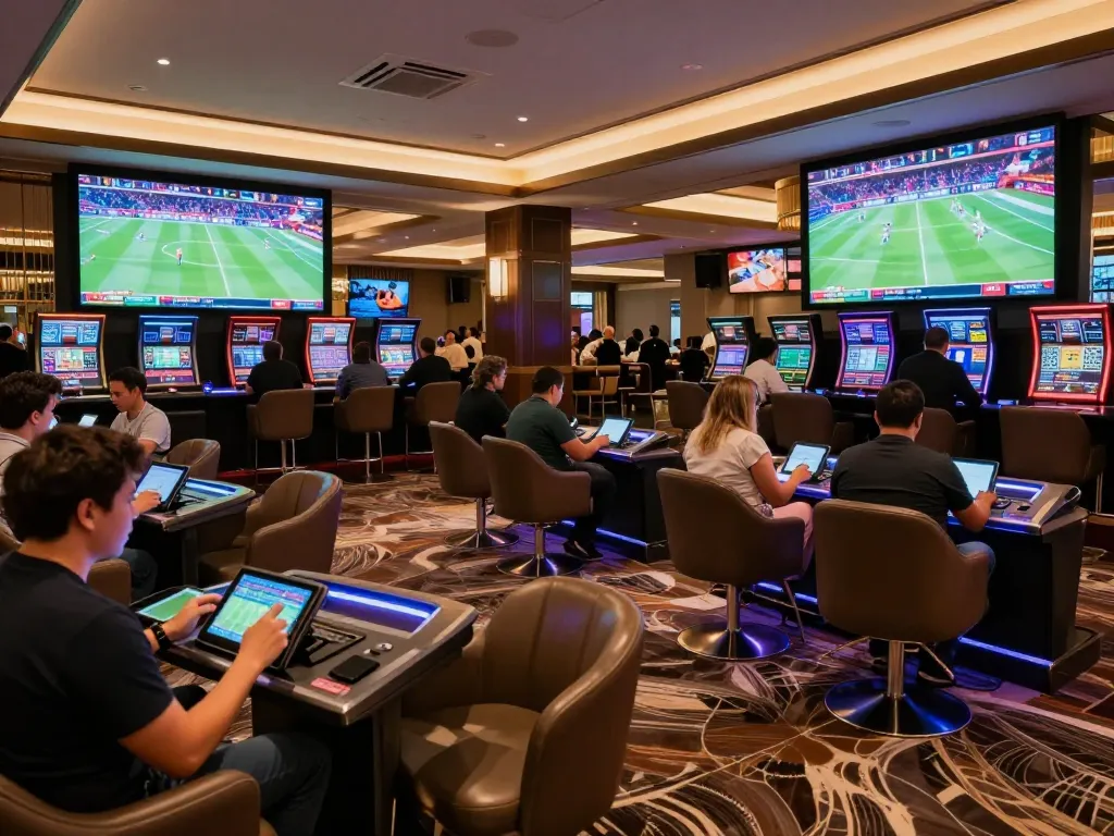 Net88 sports betting lounge with patrons actively placing bets on live events