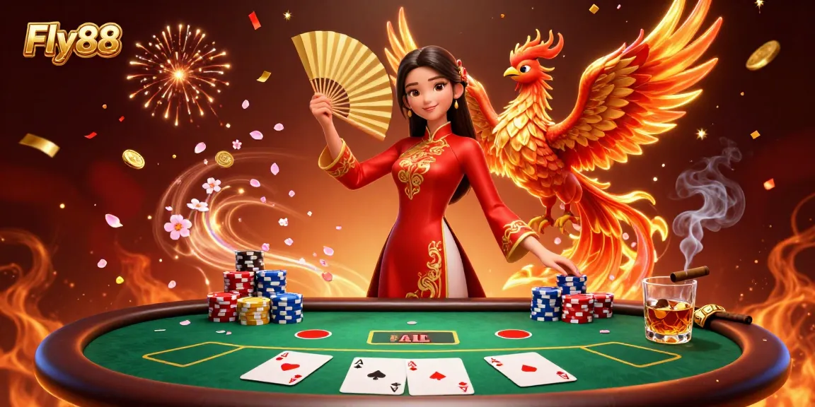 Engage with Fly88's vibrant online casino, showcasing a graceful woman adorned in a Vietnamese ao dai and a magnificent phoenix.